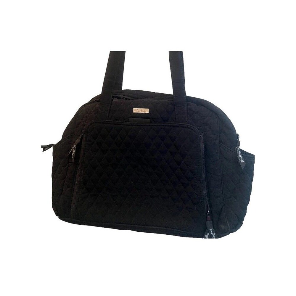 BLACK QUILTED VERA BRADLEY BABY SHOULDER TRAVEL TOTE BAG VINYL ZEBRA LINING ZIP